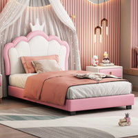 Twin Size Upholstered Princess Bed With Crown Headboard In White And Pink, Elegant Platform Bed With Headboard And Footboard