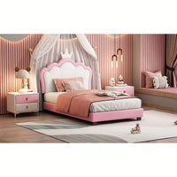 Twin Size Upholstered Princess Bed With Crown Headboard In White And Pink, Elegant Platform Bed With Headboard And Footboard