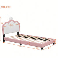 Twin Size Upholstered Princess Bed With Crown Headboard In White And Pink, Elegant Platform Bed With Headboard And Footboard