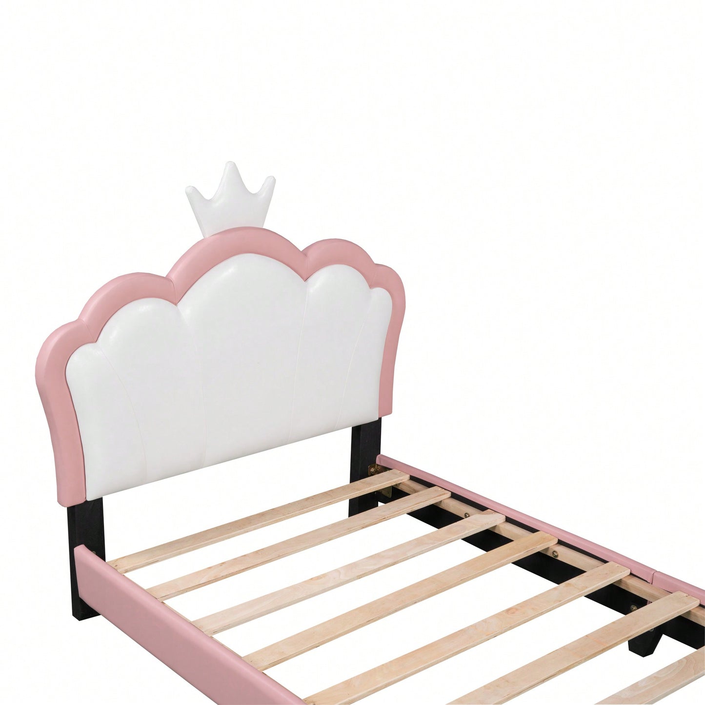 Twin Size Upholstered Princess Bed With Crown Headboard In White And Pink, Elegant Platform Bed With Headboard And Footboard