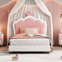 Twin Size Upholstered Princess Bed With Crown Headboard In White And Pink, Elegant Platform Bed With Headboard And Footboard