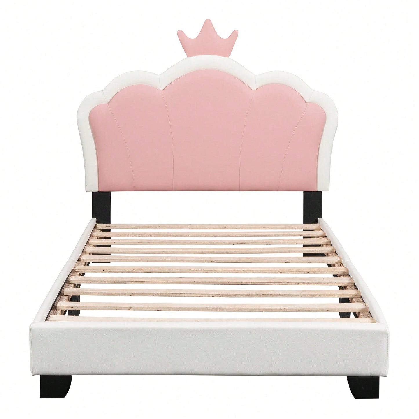 Twin Size Upholstered Princess Bed With Crown Headboard In White And Pink, Elegant Platform Bed With Headboard And Footboard