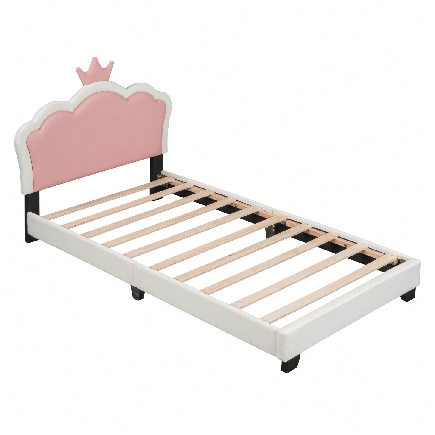 Twin Size Upholstered Princess Bed With Crown Headboard In White And Pink, Elegant Platform Bed With Headboard And Footboard