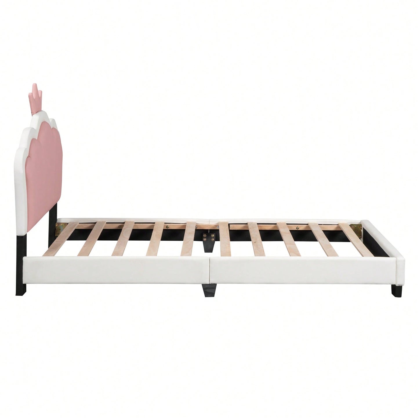 Twin Size Upholstered Princess Bed With Crown Headboard In White And Pink, Elegant Platform Bed With Headboard And Footboard