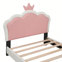 Twin Size Upholstered Princess Bed With Crown Headboard In White And Pink, Elegant Platform Bed With Headboard And Footboard