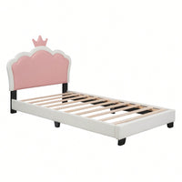 Twin Size Upholstered Princess Bed With Crown Headboard In White And Pink, Elegant Platform Bed With Headboard And Footboard