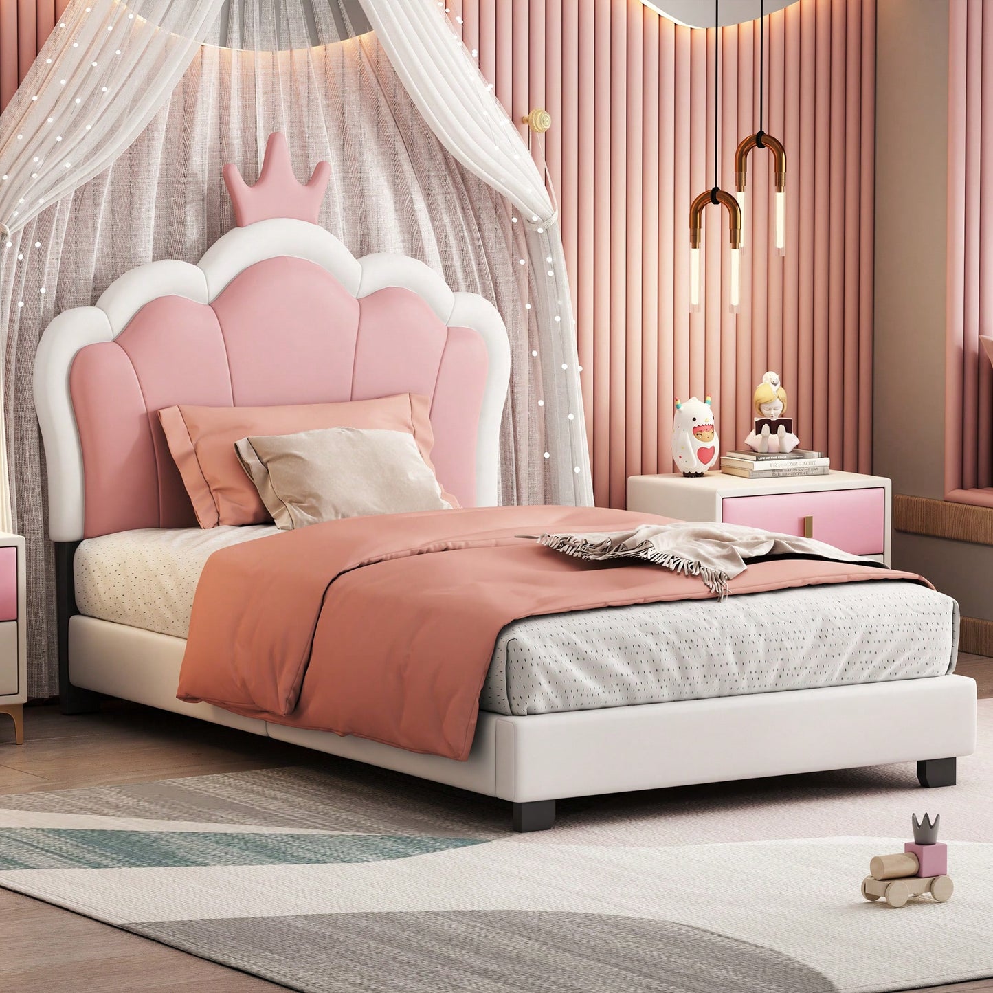 Twin Size Upholstered Princess Bed With Crown Headboard In White And Pink, Elegant Platform Bed With Headboard And Footboard