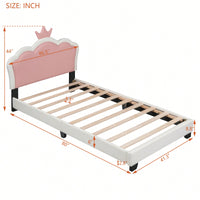 Twin Size Upholstered Princess Bed With Crown Headboard In White And Pink, Elegant Platform Bed With Headboard And Footboard