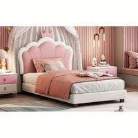 Twin Size Upholstered Princess Bed With Crown Headboard In White And Pink, Elegant Platform Bed With Headboard And Footboard