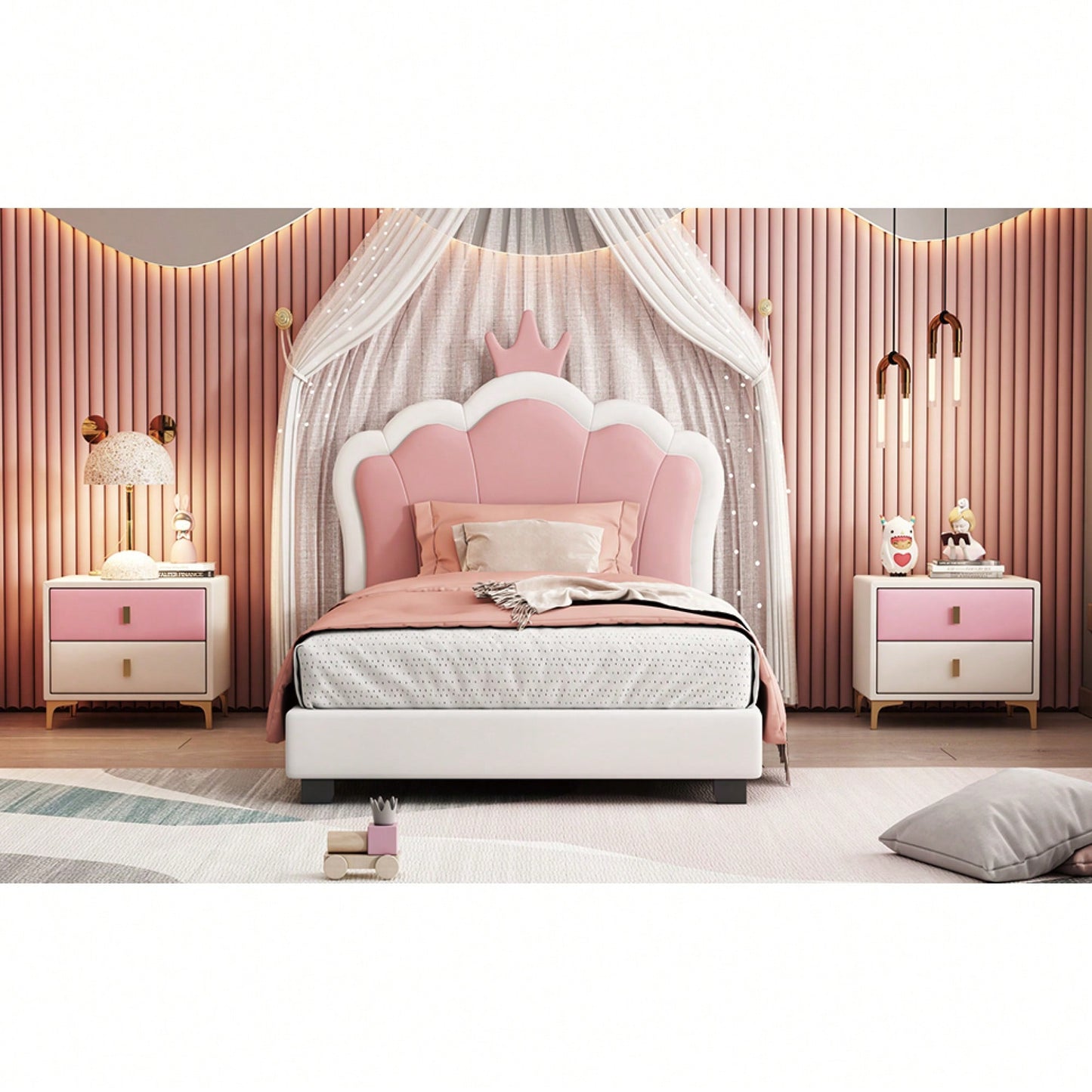 Twin Size Upholstered Princess Bed With Crown Headboard In White And Pink, Elegant Platform Bed With Headboard And Footboard