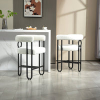 Modern Upholstered Bar Stools Set Of 2 With Backrest For Kitchen Island And Pub - Black Metal Frame And Beige Chenille