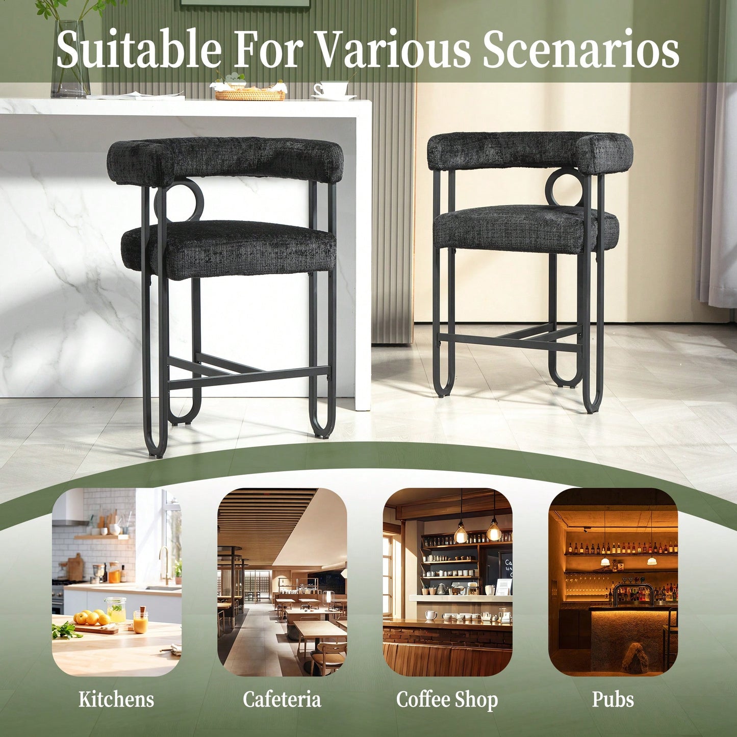 Modern Upholstered Bar Stools Set Of 2 With Backrest For Kitchen Island And Pub - Black Metal Frame And Beige Chenille