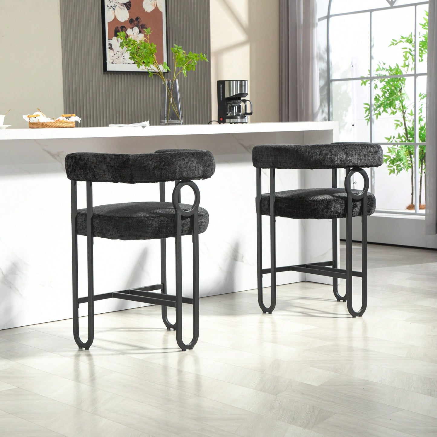 Modern Upholstered Bar Stools Set Of 2 With Backrest For Kitchen Island And Pub - Black Metal Frame And Beige Chenille