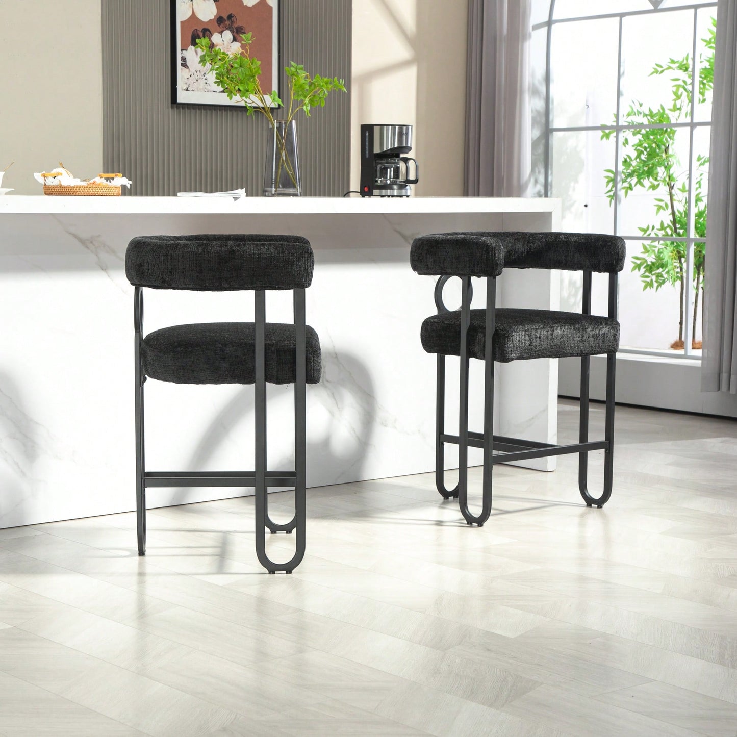 Modern Upholstered Bar Stools Set Of 2 With Backrest For Kitchen Island And Pub - Black Metal Frame And Beige Chenille