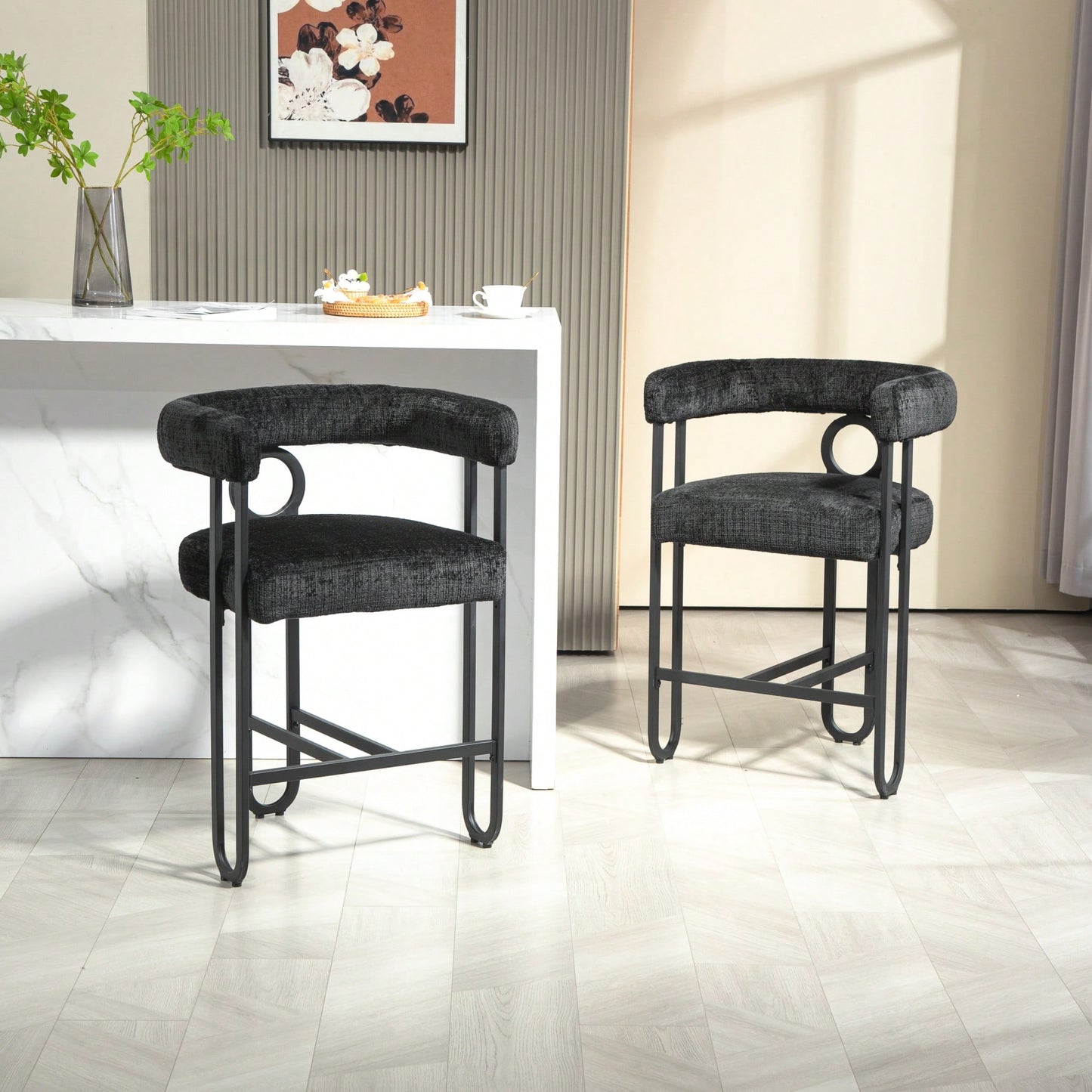 Modern Upholstered Bar Stools Set Of 2 With Backrest For Kitchen Island And Pub - Black Metal Frame And Beige Chenille