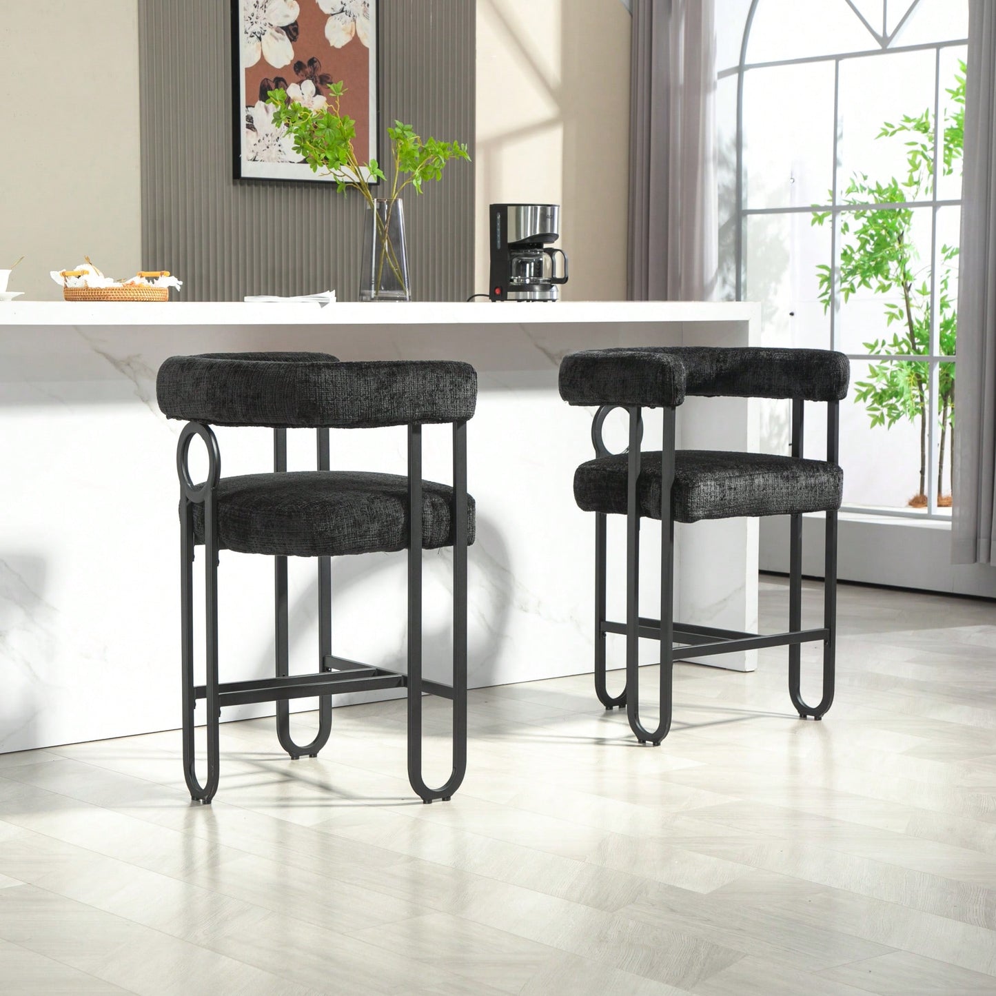 Modern Upholstered Bar Stools Set Of 2 With Backrest For Kitchen Island And Pub - Black Metal Frame And Beige Chenille