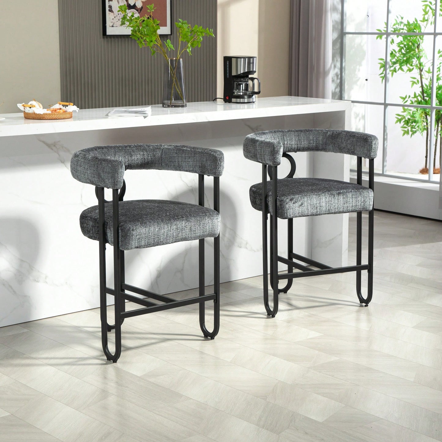 Modern Upholstered Bar Stools Set Of 2 With Backrest For Kitchen Island And Pub - Black Metal Frame And Beige Chenille