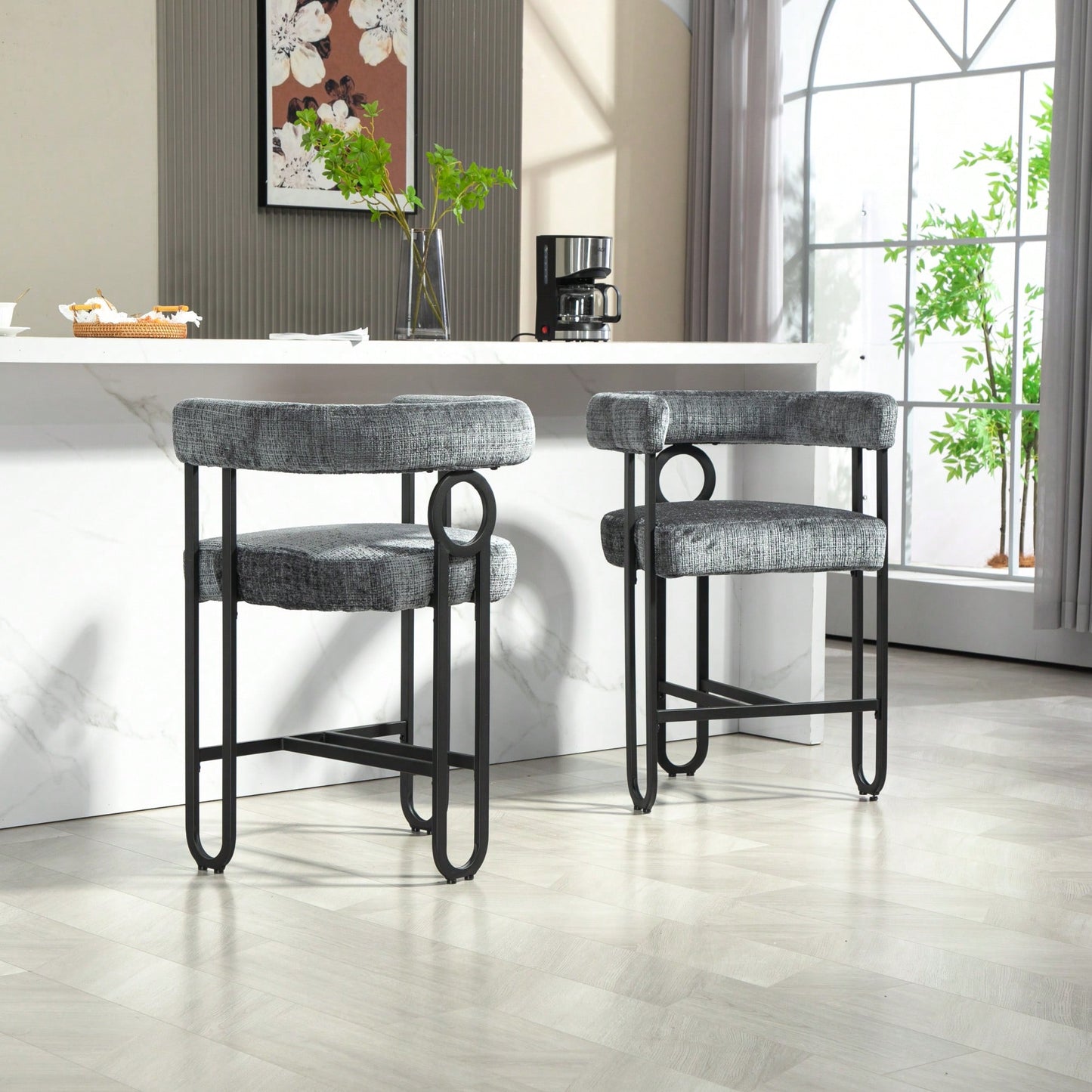 Modern Upholstered Bar Stools Set Of 2 With Backrest For Kitchen Island And Pub - Black Metal Frame And Beige Chenille