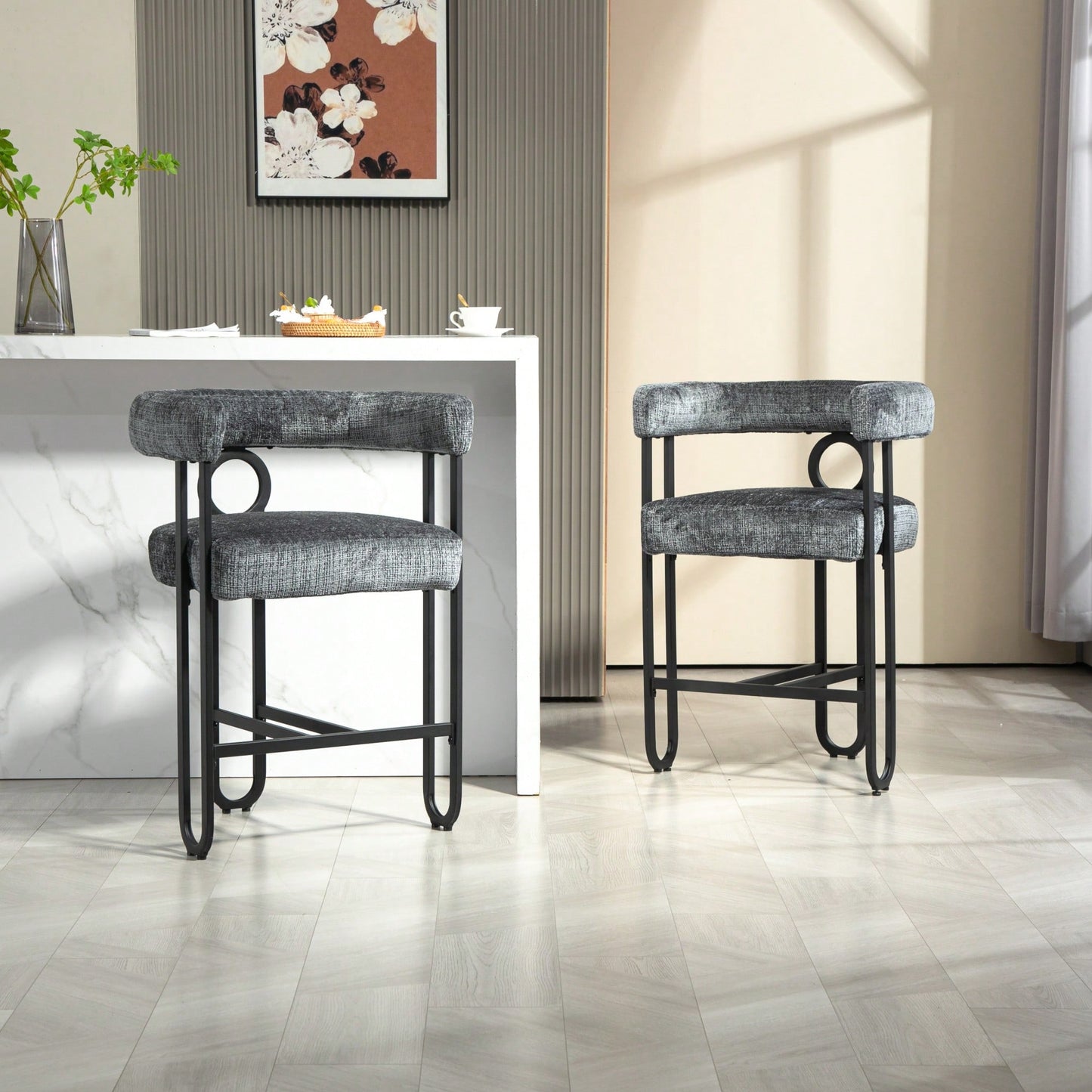 Modern Upholstered Bar Stools Set Of 2 With Backrest For Kitchen Island And Pub - Black Metal Frame And Beige Chenille