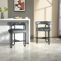 Modern Upholstered Bar Stools Set Of 2 With Backrest For Kitchen Island And Pub - Black Metal Frame And Beige Chenille