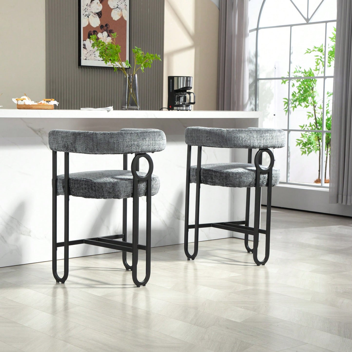 Modern Upholstered Bar Stools Set Of 2 With Backrest For Kitchen Island And Pub - Black Metal Frame And Beige Chenille