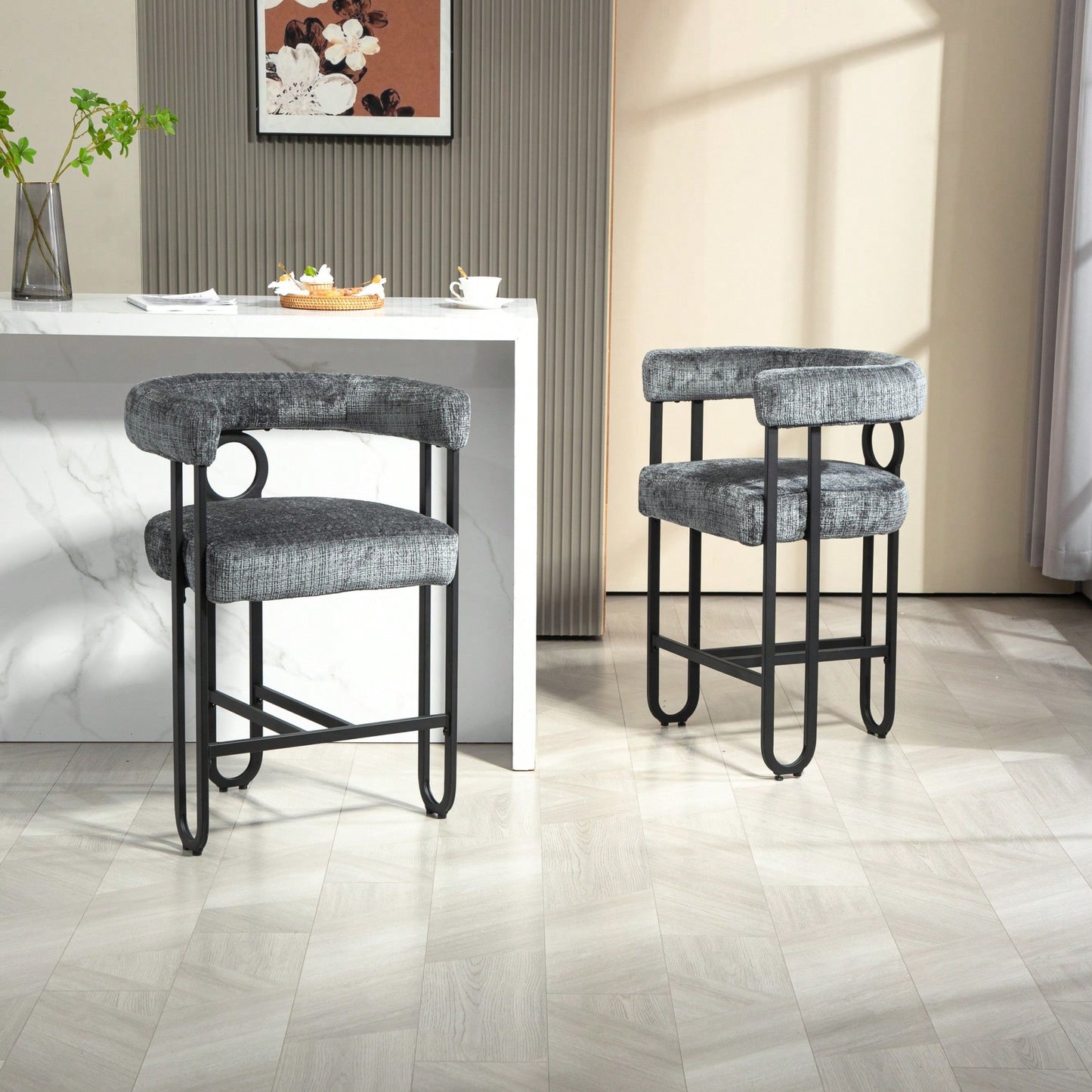 Modern Upholstered Bar Stools Set Of 2 With Backrest For Kitchen Island And Pub - Black Metal Frame And Beige Chenille