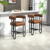 Modern Upholstered Bar Stools Set Of 2 With Backrest, Black Metal Frame, Light Brown PU Cushion For Kitchen Island, Pub, And Club