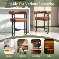 Modern Upholstered Bar Stools Set Of 2 With Backrest, Black Metal Frame, Light Brown PU Cushion For Kitchen Island, Pub, And Club