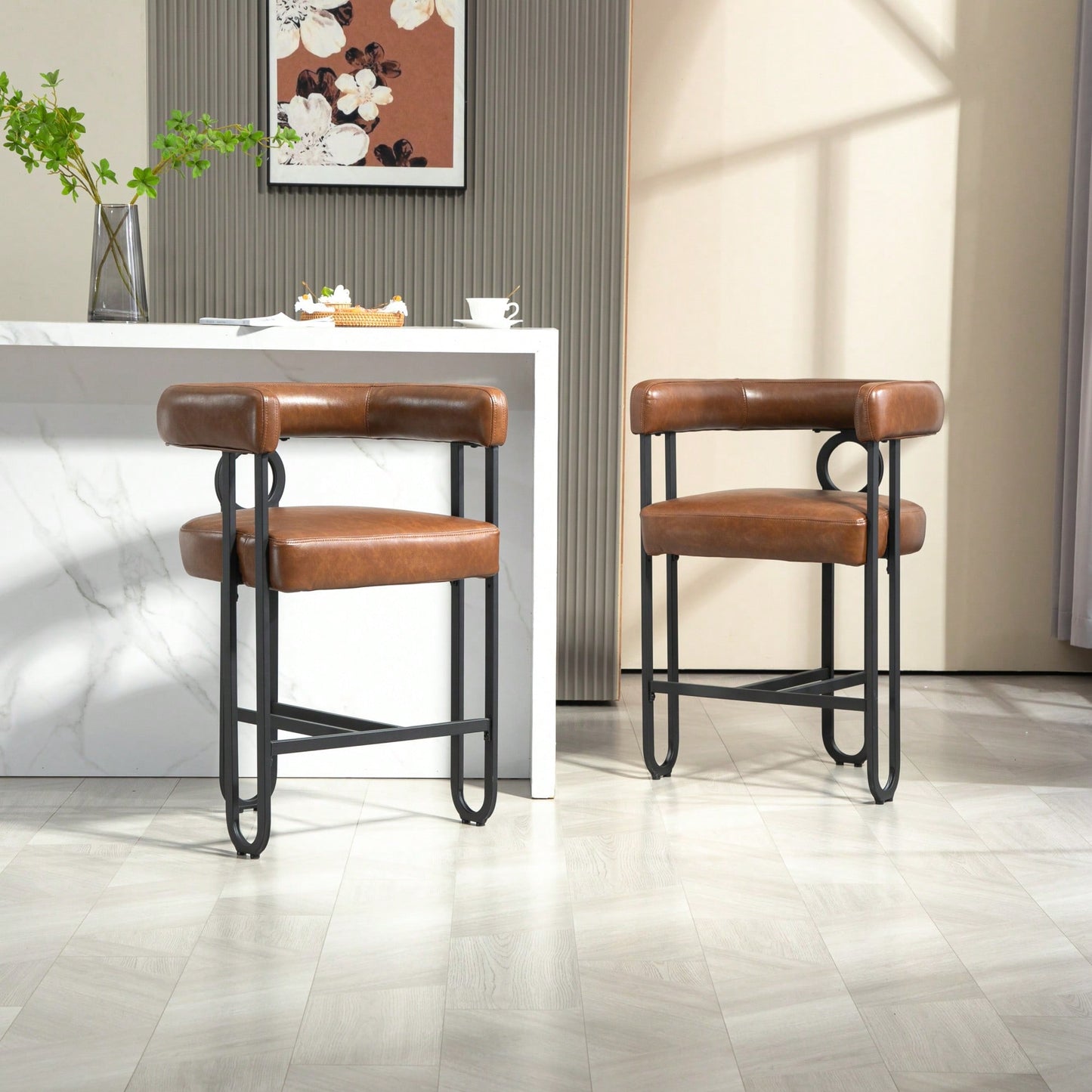 Modern Upholstered Bar Stools Set Of 2 With Backrest, Black Metal Frame, Light Brown PU Cushion For Kitchen Island, Pub, And Club