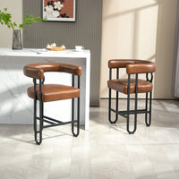 Modern Upholstered Bar Stools Set Of 2 With Backrest, Black Metal Frame, Light Brown PU Cushion For Kitchen Island, Pub, And Club