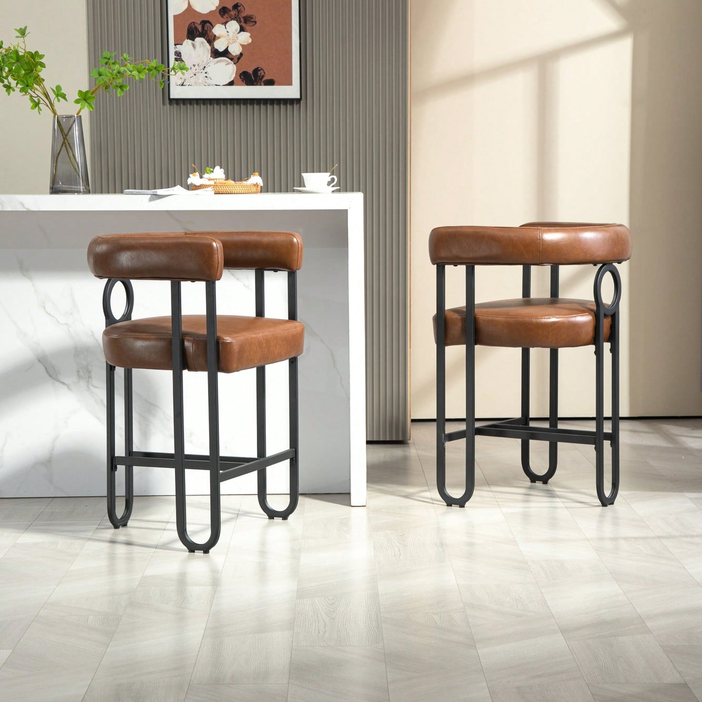 Modern Upholstered Bar Stools Set Of 2 With Backrest, Black Metal Frame, Light Brown PU Cushion For Kitchen Island, Pub, And Club