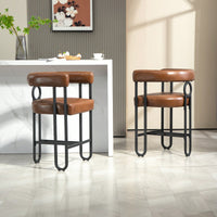 Modern Upholstered Bar Stools Set Of 2 With Backrest, Black Metal Frame, Light Brown PU Cushion For Kitchen Island, Pub, And Club