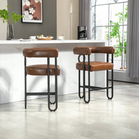 Modern Upholstered Bar Stools Set Of 2 With Backrest, Black Metal Frame, Light Brown PU Cushion For Kitchen Island, Pub, And Club