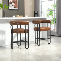 Modern Upholstered Bar Stools Set Of 2 With Backrest, Black Metal Frame, Light Brown PU Cushion For Kitchen Island, Pub, And Club