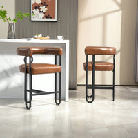 Modern Upholstered Bar Stools Set Of 2 With Backrest, Black Metal Frame, Light Brown PU Cushion For Kitchen Island, Pub, And Club