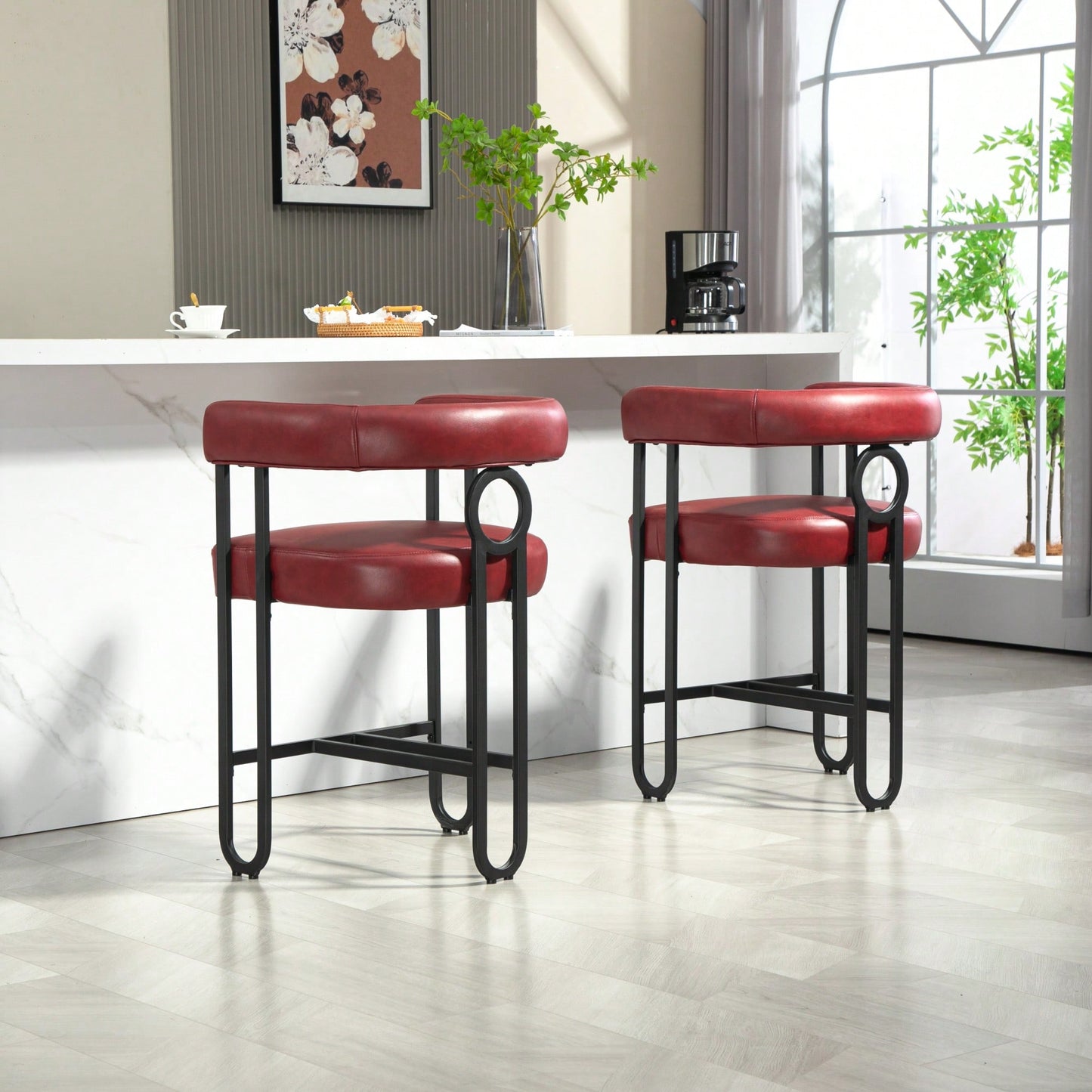 Modern Upholstered Bar Stools Set Of 2 With Backrest, Black Metal Frame, Light Brown PU Cushion For Kitchen Island, Pub, And Club