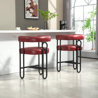 Modern Upholstered Bar Stools Set Of 2 With Backrest, Black Metal Frame, Light Brown PU Cushion For Kitchen Island, Pub, And Club