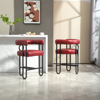 Modern Upholstered Bar Stools Set Of 2 With Backrest, Black Metal Frame, Light Brown PU Cushion For Kitchen Island, Pub, And Club