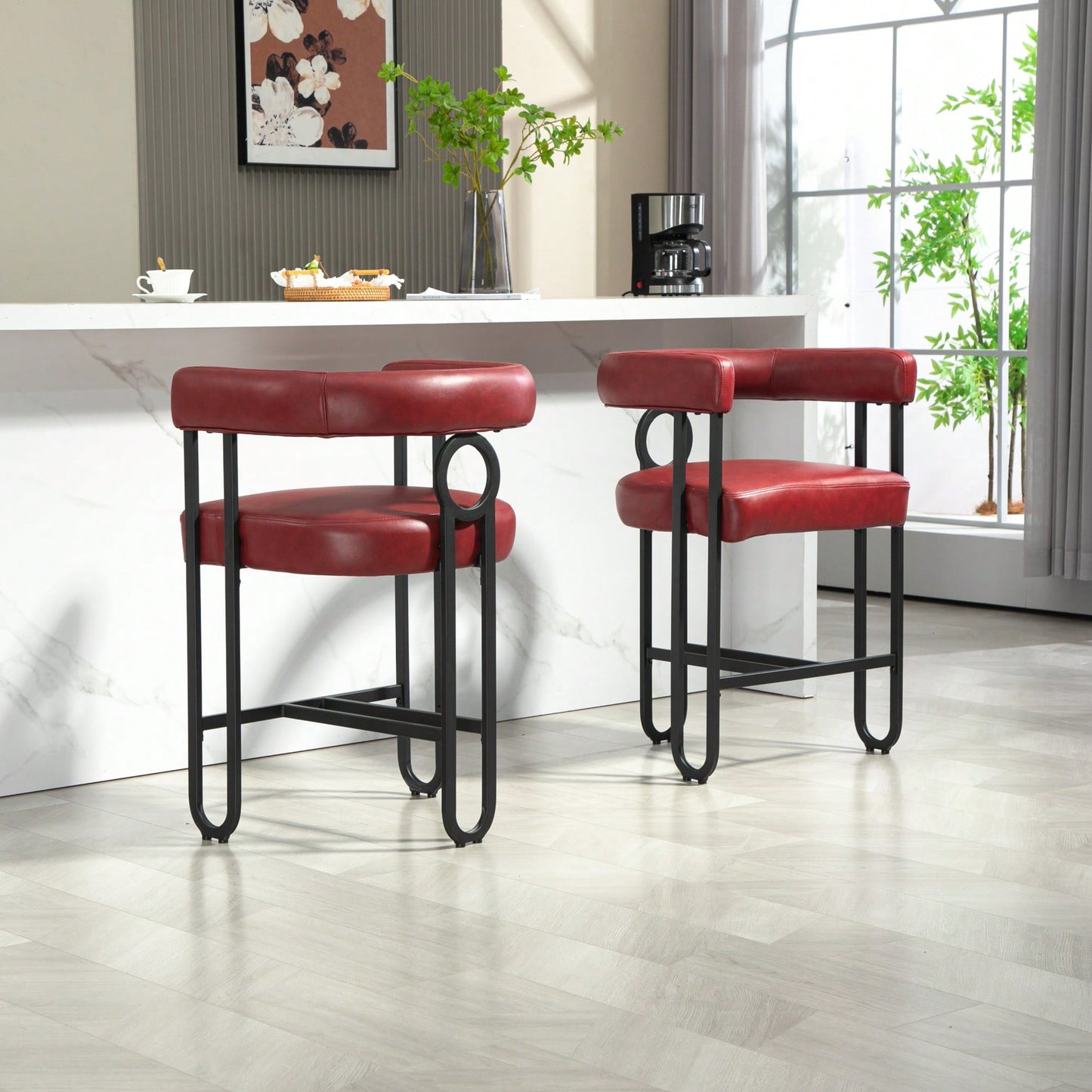 Modern Upholstered Bar Stools Set Of 2 With Backrest, Black Metal Frame, Light Brown PU Cushion For Kitchen Island, Pub, And Club