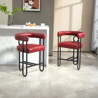 Modern Upholstered Bar Stools Set Of 2 With Backrest, Black Metal Frame, Light Brown PU Cushion For Kitchen Island, Pub, And Club