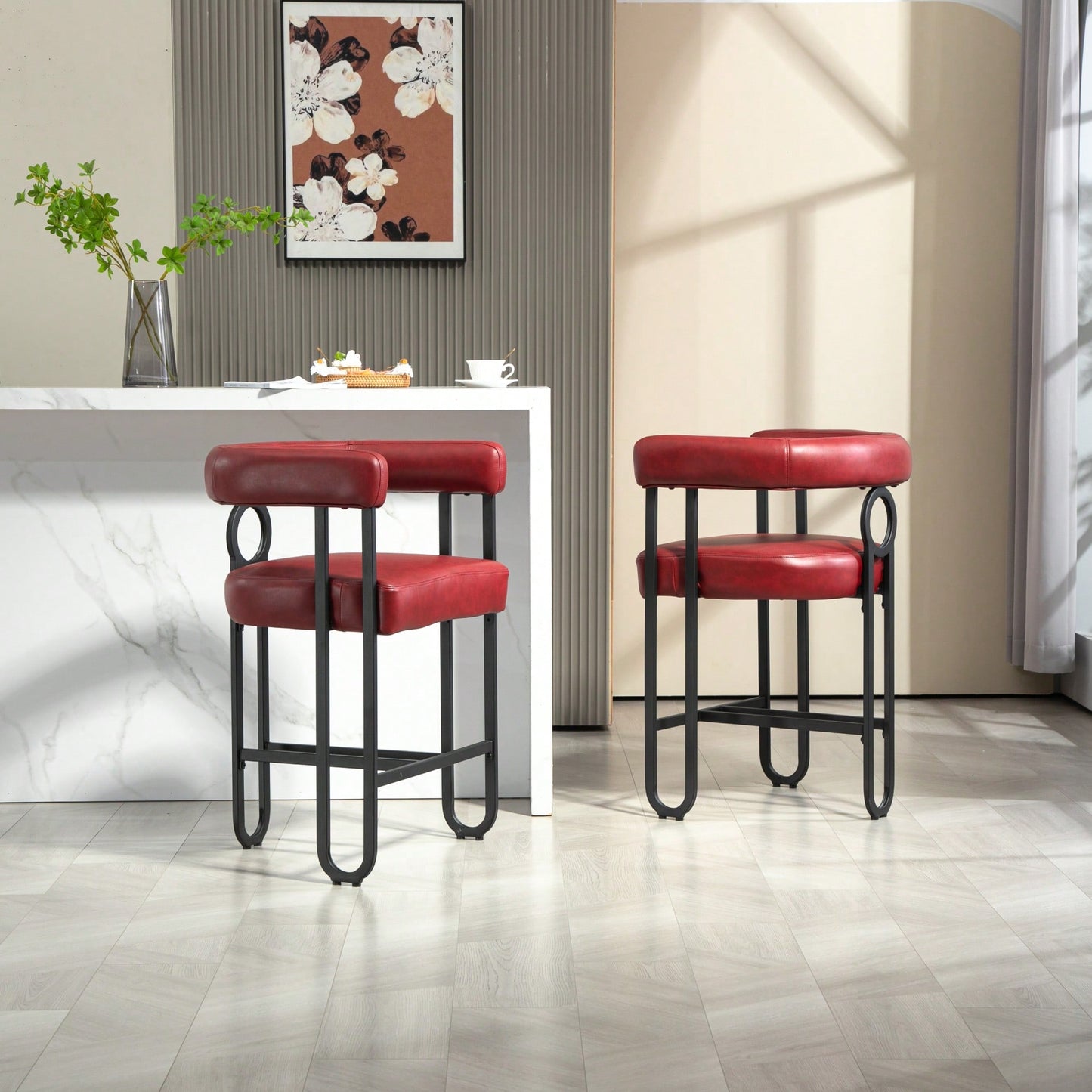 Modern Upholstered Bar Stools Set Of 2 With Backrest, Black Metal Frame, Light Brown PU Cushion For Kitchen Island, Pub, And Club