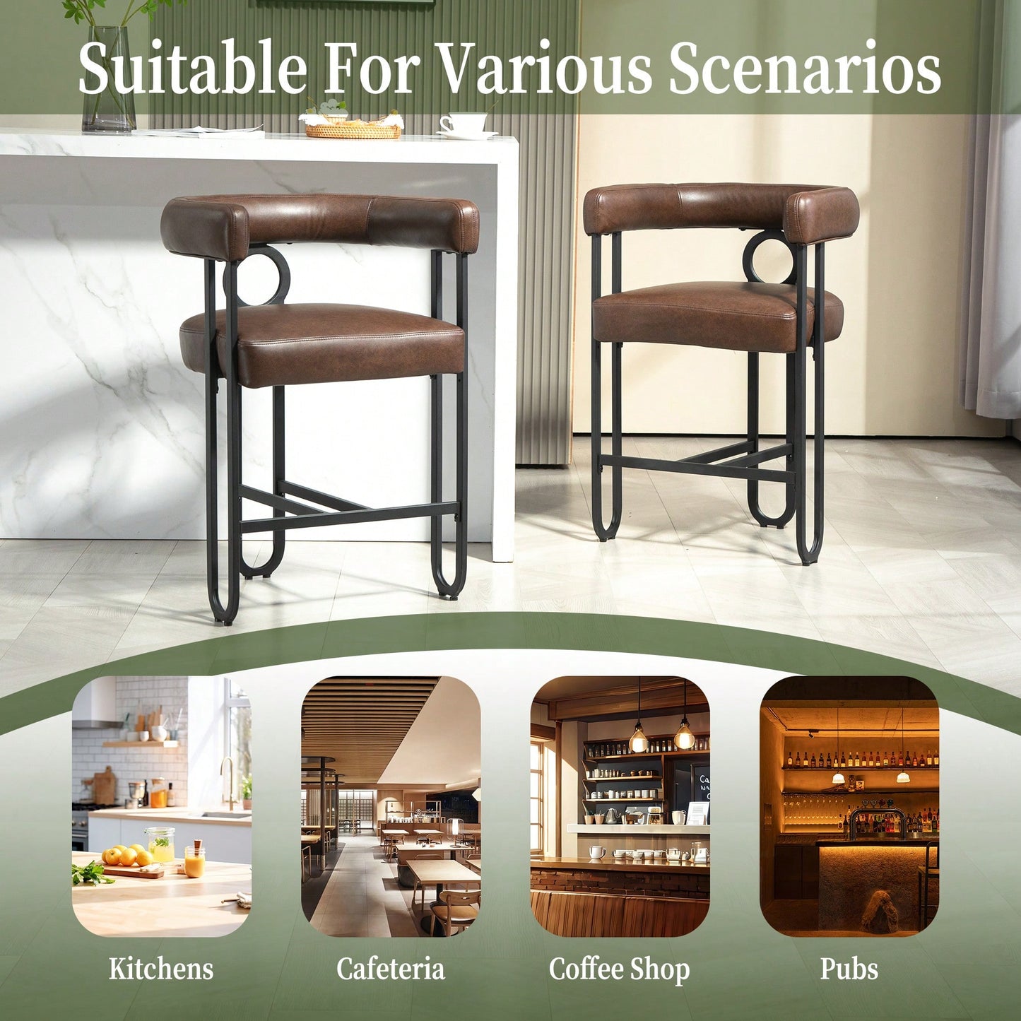 Modern Upholstered Bar Stools Set Of 2 With Backrest, Black Metal Frame, Light Brown PU Cushion For Kitchen Island, Pub, And Club