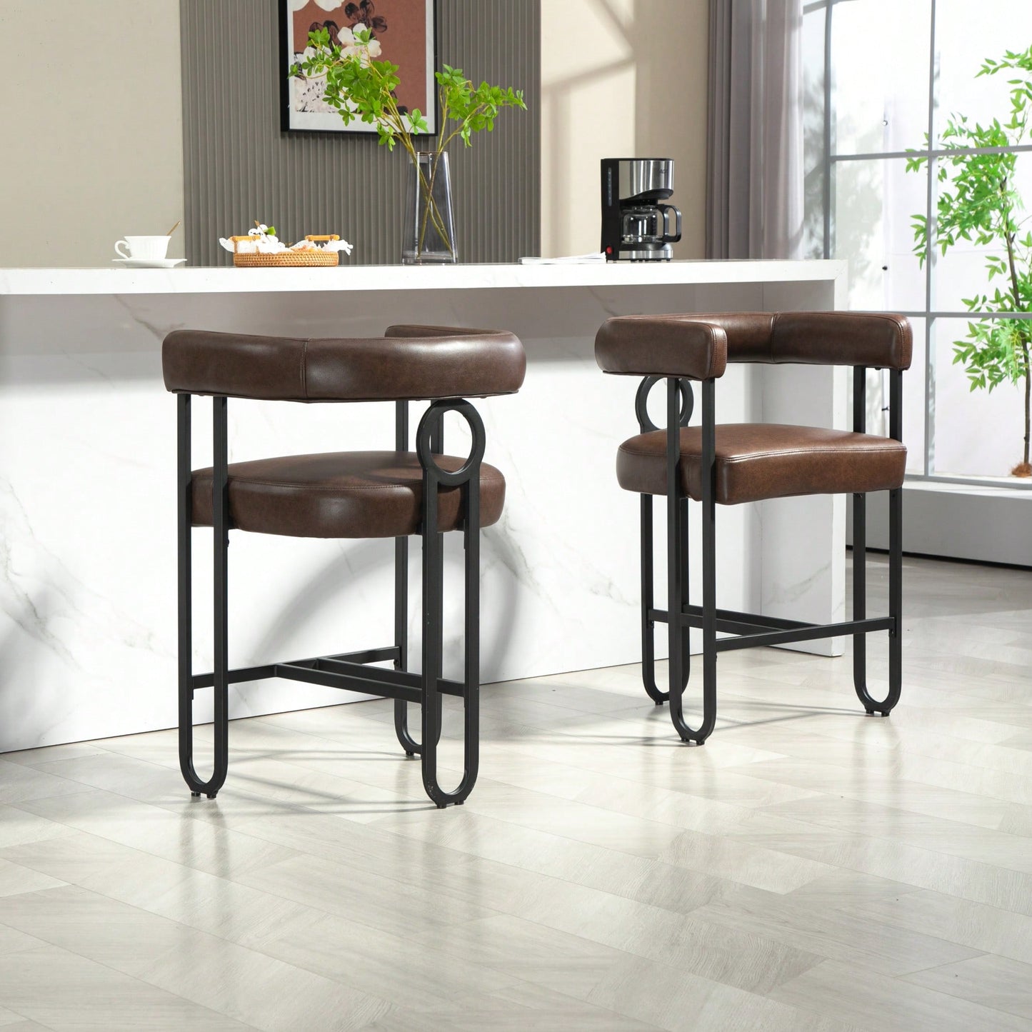 Modern Upholstered Bar Stools Set Of 2 With Backrest, Black Metal Frame, Light Brown PU Cushion For Kitchen Island, Pub, And Club