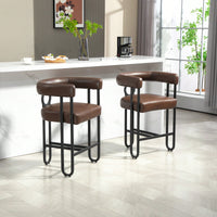 Modern Upholstered Bar Stools Set Of 2 With Backrest, Black Metal Frame, Light Brown PU Cushion For Kitchen Island, Pub, And Club