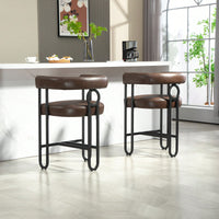 Modern Upholstered Bar Stools Set Of 2 With Backrest, Black Metal Frame, Light Brown PU Cushion For Kitchen Island, Pub, And Club