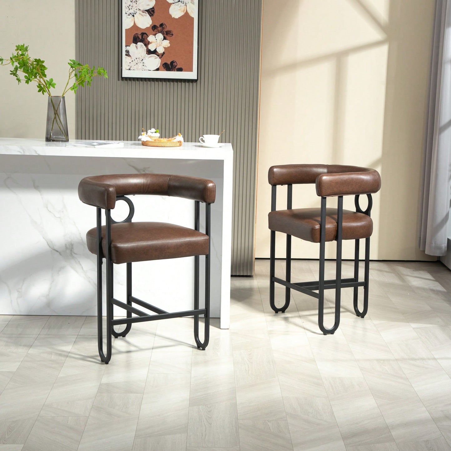 Modern Upholstered Bar Stools Set Of 2 With Backrest, Black Metal Frame, Light Brown PU Cushion For Kitchen Island, Pub, And Club