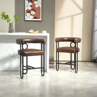 Modern Upholstered Bar Stools Set Of 2 With Backrest, Black Metal Frame, Light Brown PU Cushion For Kitchen Island, Pub, And Club