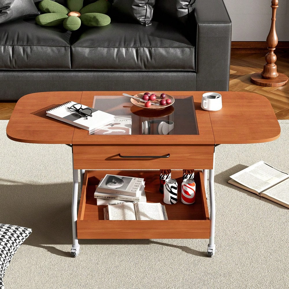 Modern Folding Coffee Table With Wheels And Drawer, 2-Tier Storage Solution For Living Room