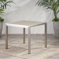 Square Outdoor Dining Table With Anodized Aluminum Frame And Tempered Glass Top 35 Inches Silver And Gray