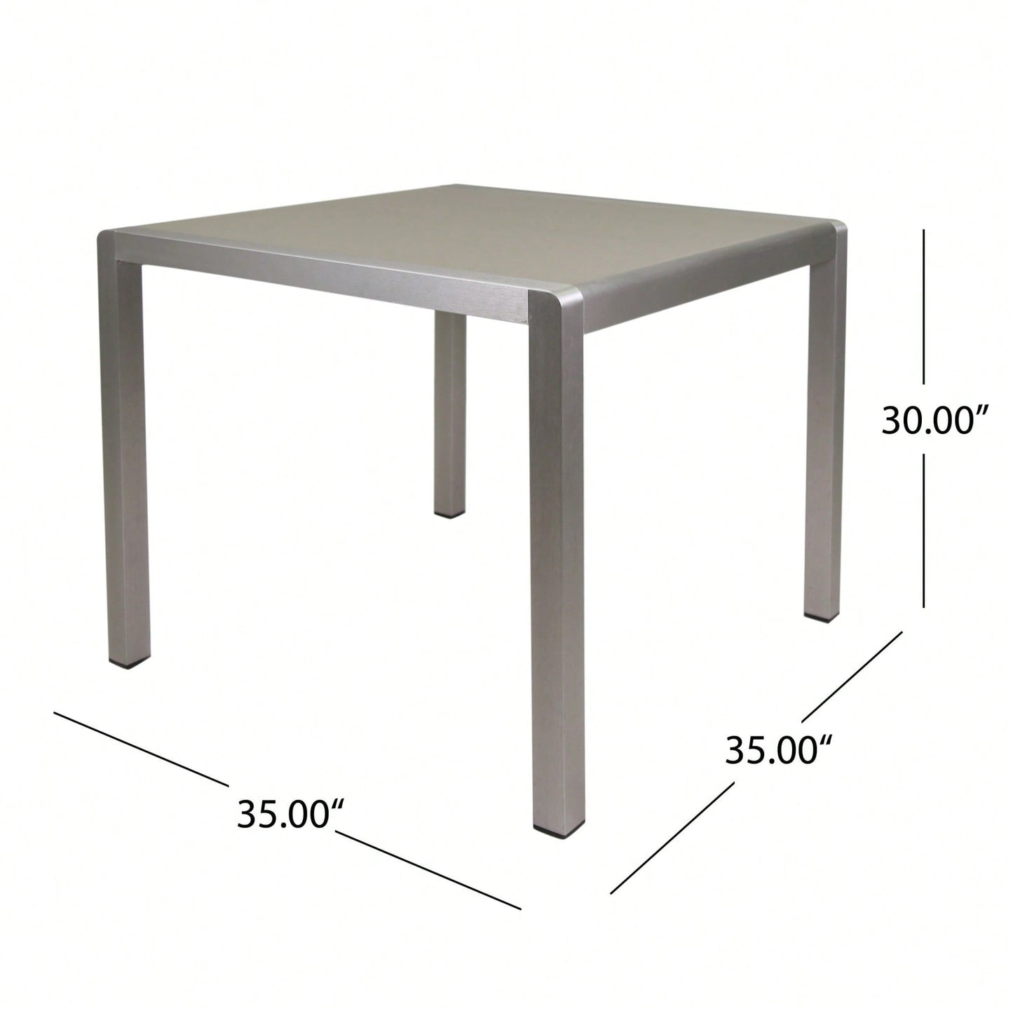 Square Outdoor Dining Table With Anodized Aluminum Frame And Tempered Glass Top 35 Inches Silver And Gray